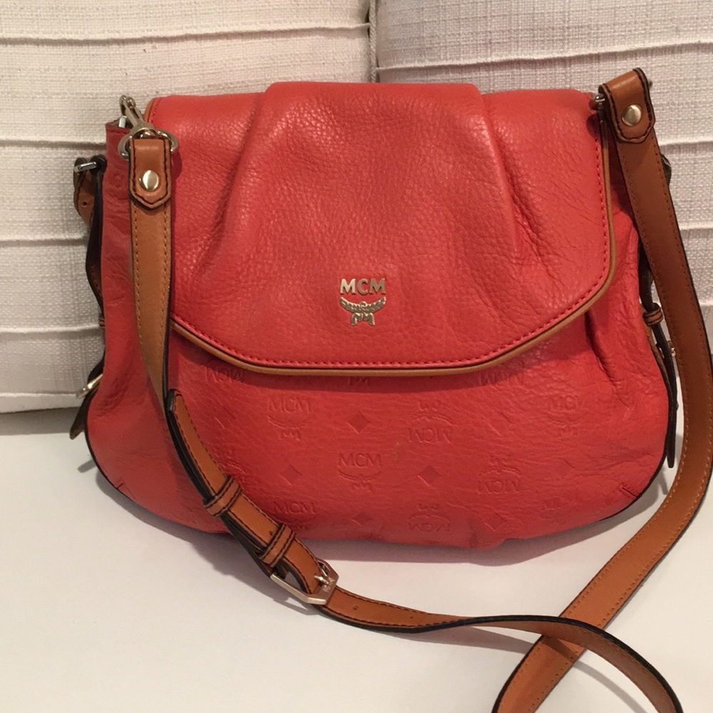 MCM Coral Red Leather Crossbody with Tan Strap